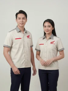 Áo Sơ Mi Đồng Phục Kem Phối Xám Ngắn Tay