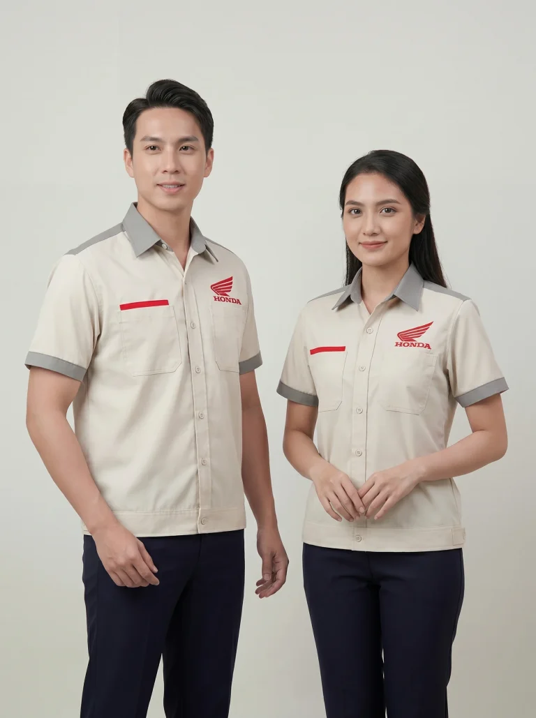 Áo Sơ Mi Đồng Phục Kem Phối Xám Ngắn Tay