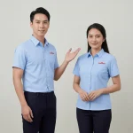 Áo Sơ Mi Đồng Phục Xanh Nhạt Ngắn Tay Logo Đỏ - model nam nu