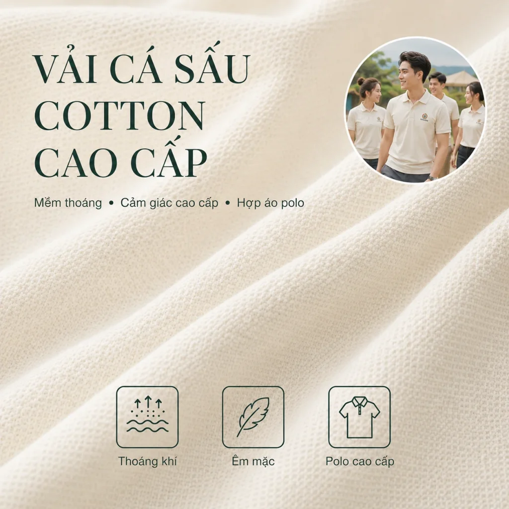 Vải cá sấu cotton cao cấp phù hợp may áo polo team building, áo du lịch công ty và đồng phục doanh nghiệp cần form chỉn chu, mềm thoáng và sử dụng lâu dài.