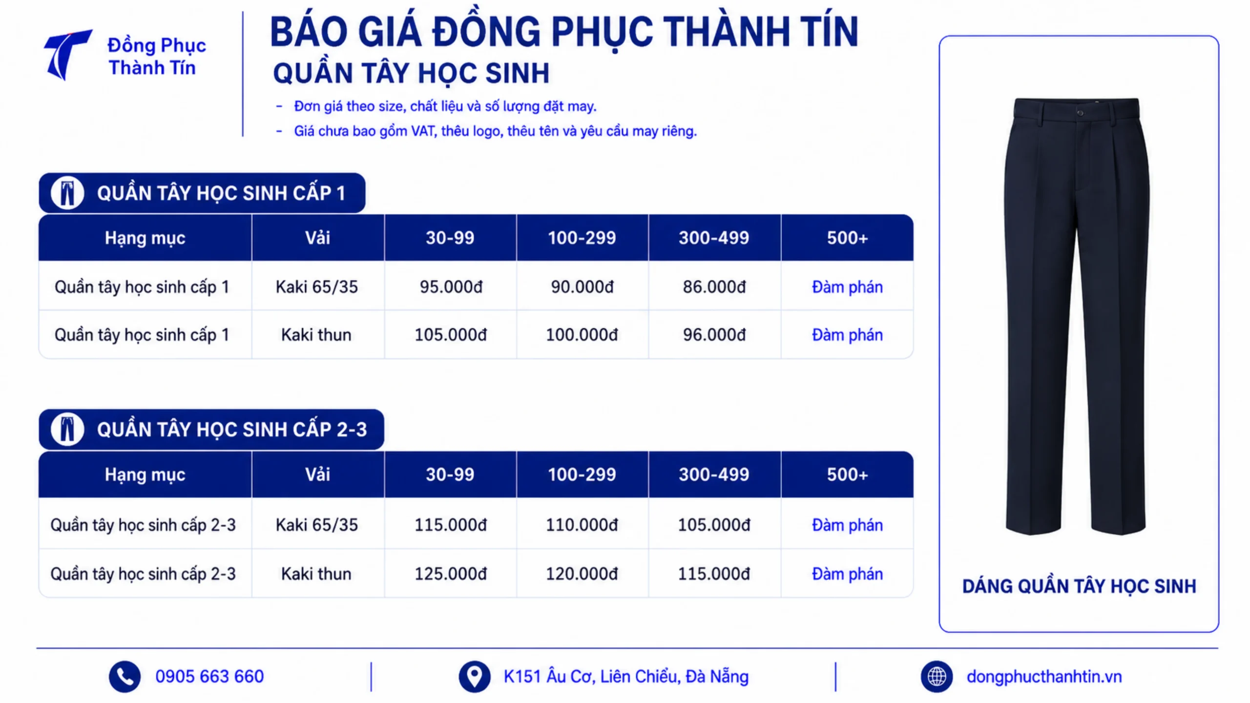 Bảng giá tham khảo quần tây học sinh theo số lượng tại Đà Nẵng