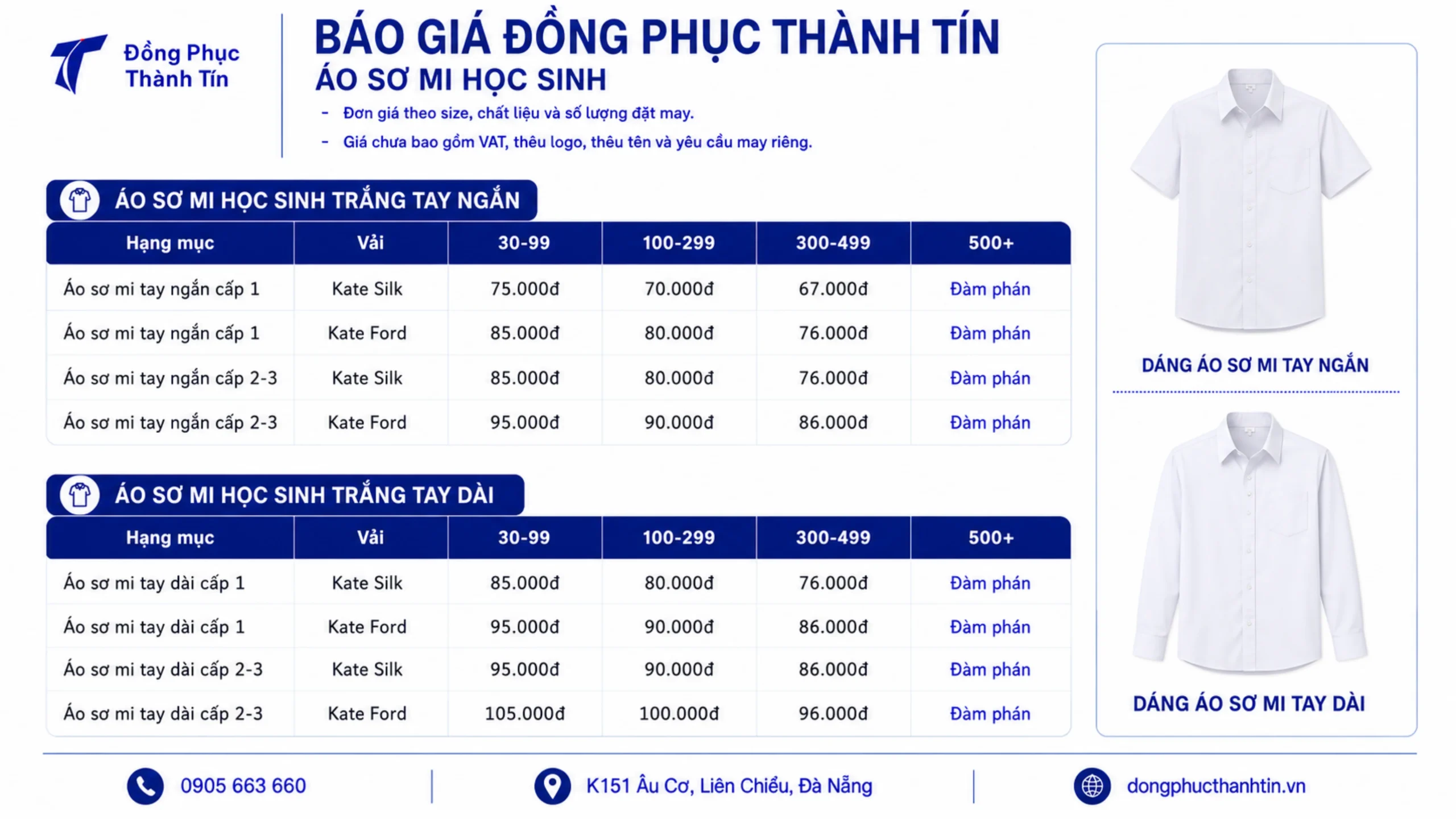 Bảng giá áo sơ mi học sinh tay ngắn và tay dài tại Đà Nẵng