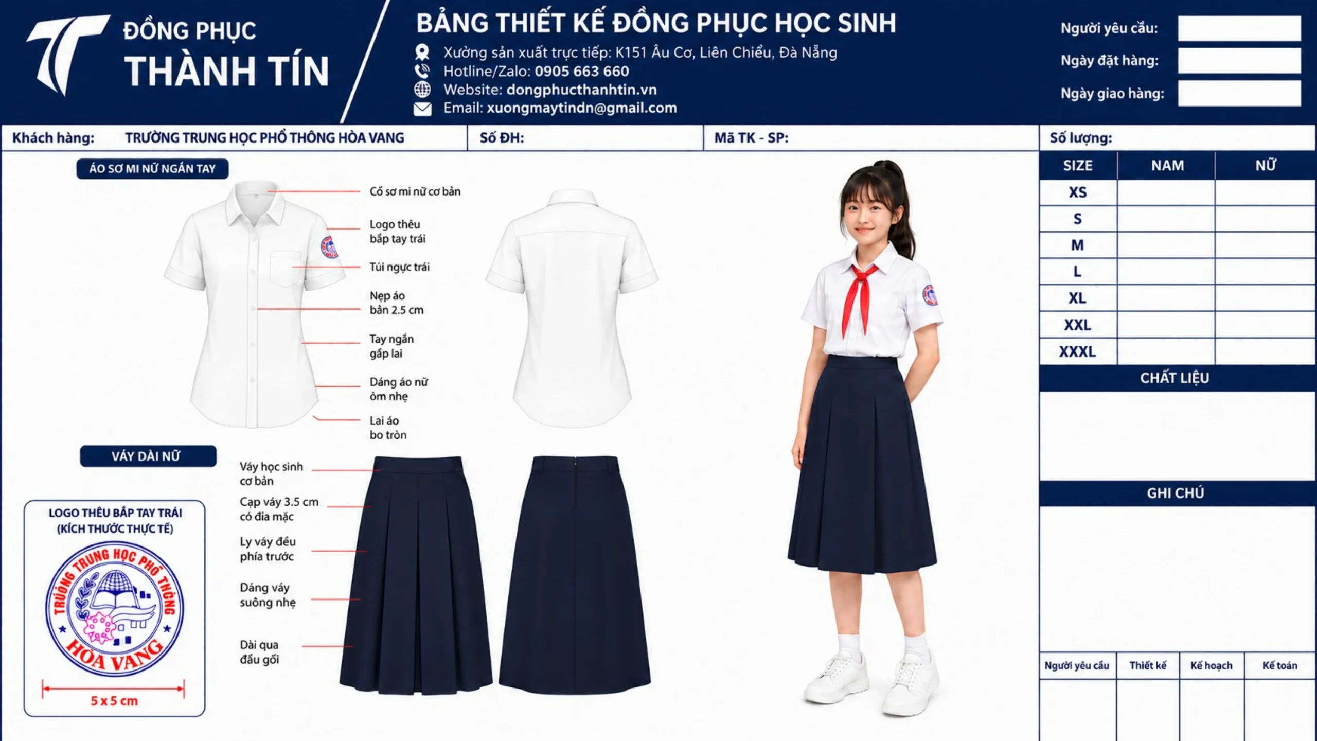 Bảng thiết kế áo sơ mi nữ và chân váy học sinh cho trường học tại Đà Nẵng