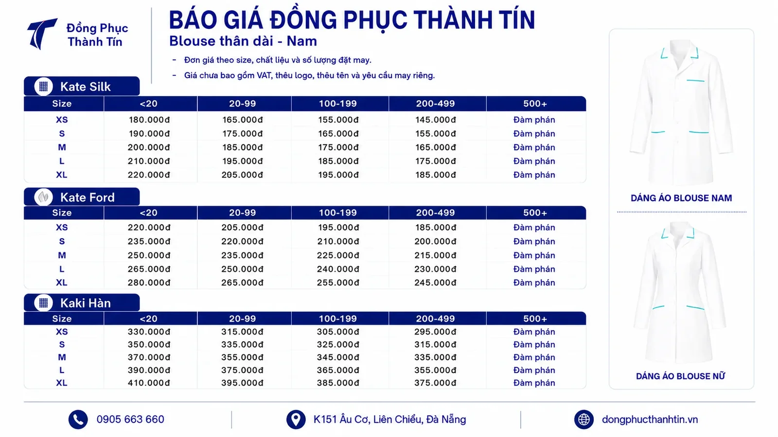 Bảng giá blouse thân dài nam cho đồng phục y tế Đà Nẵng