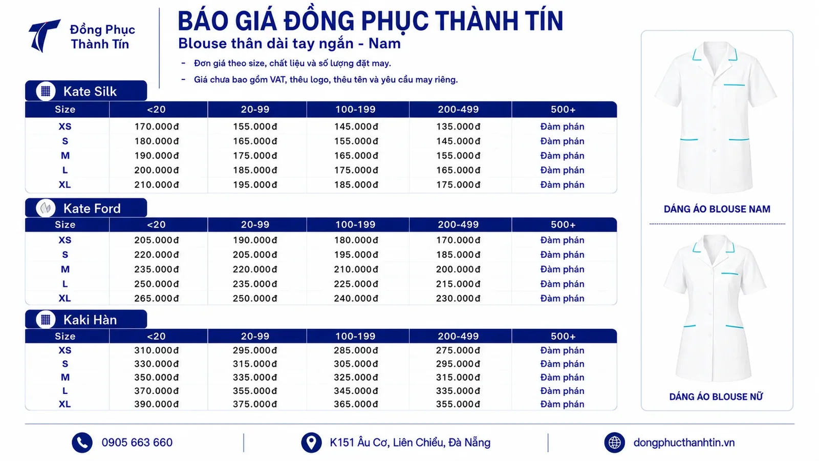 Bảng giá blouse thân dài tay ngắn nam tại Đà Nẵng