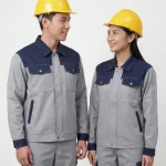 Đồng phục bảo hộ xám phối navy Thành Tín - ảnh người mẫu nam nữ mặc đồng phục bảo hộ