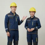 Đồng phục bảo hộ xanh navy phối phản quang vàng mẫu 2 Thành Tín - ảnh người mẫu nam nữ mặc đồng phục bảo hộ