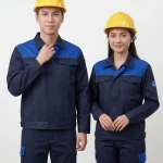 Đồng phục bảo hộ xanh navy phối xanh dương Thành Tín - ảnh người mẫu nam nữ mặc đồng phục bảo hộ