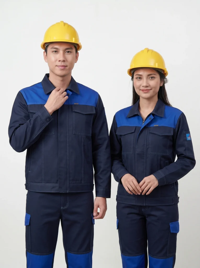 Đồng phục bảo hộ xanh navy phối xanh dương Thành Tín - ảnh người mẫu nam nữ mặc đồng phục bảo hộ