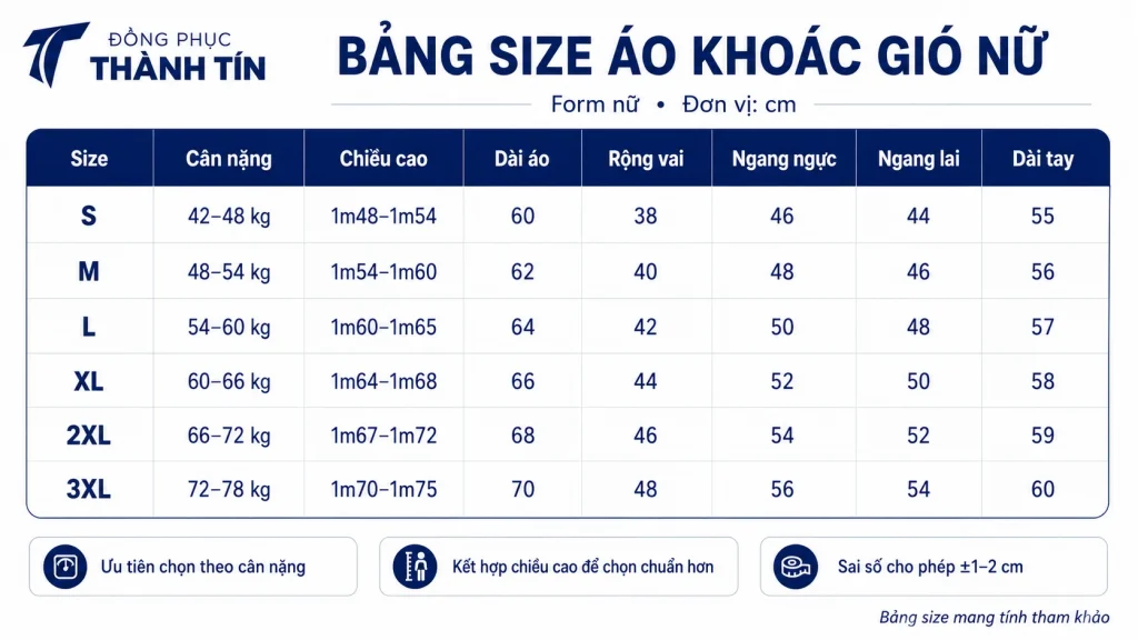 Bảng size áo khoác gió nữ Đồng Phục Thành Tín