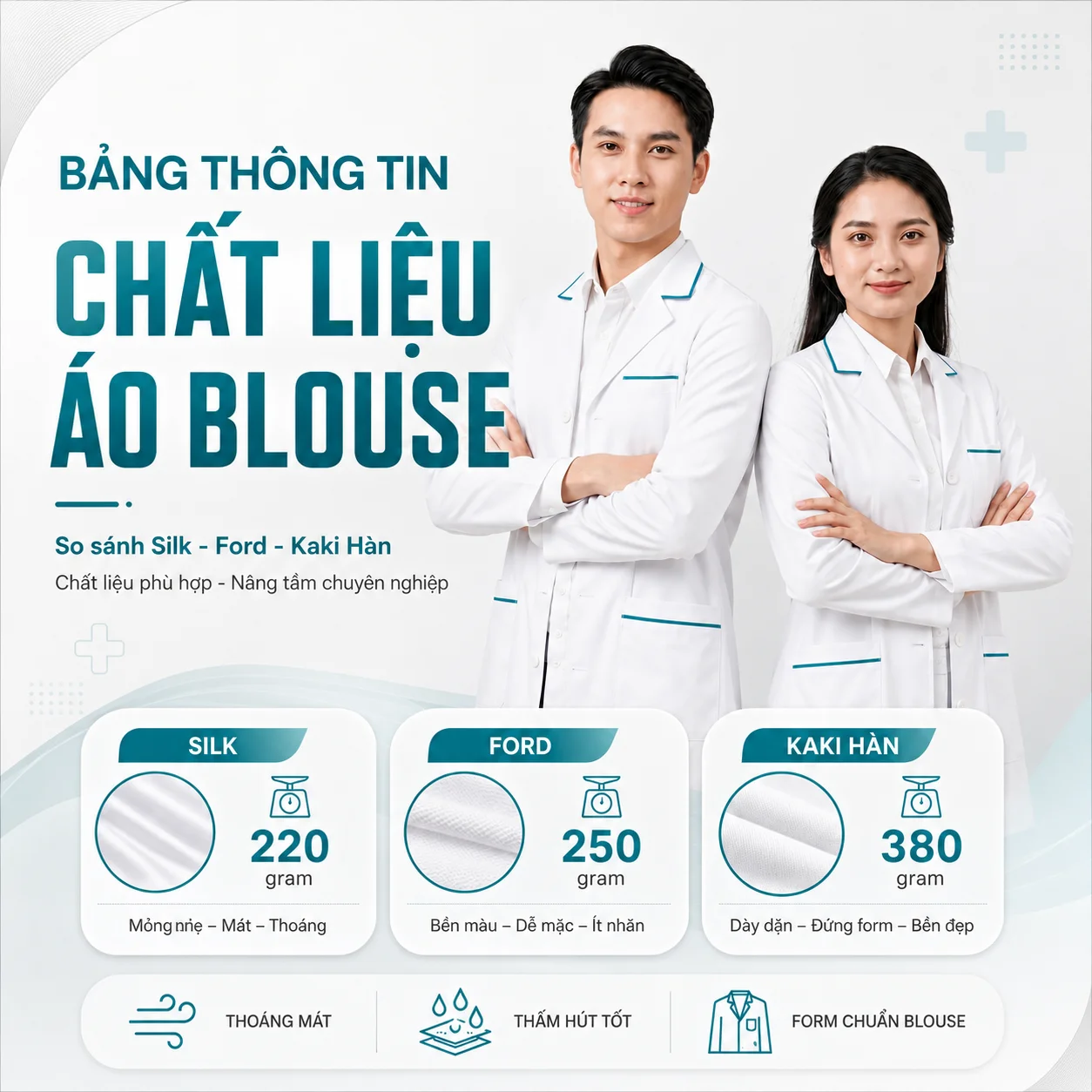 So sánh chất liệu vải may áo blouse bác sĩ Silk Ford và Kaki Hàn