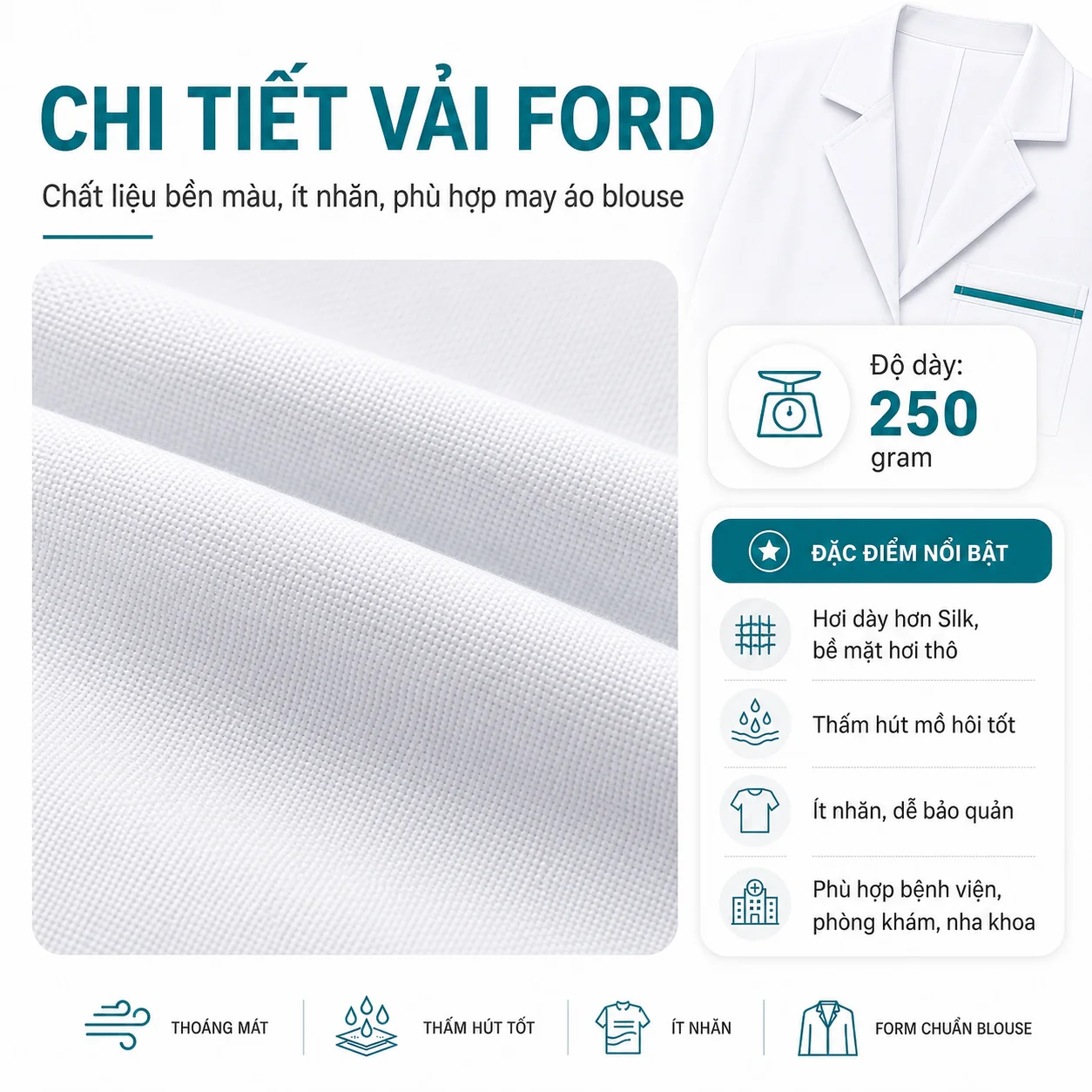 Chất liệu vải may áo blouse bác sĩ Ford bền màu ít nhăn