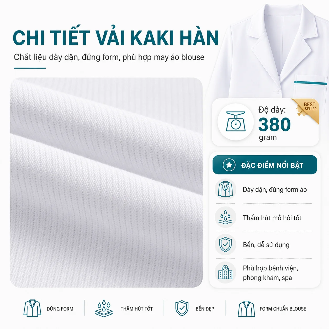 Chất liệu vải may áo blouse bác sĩ Kaki Hàn dày dặn đứng form