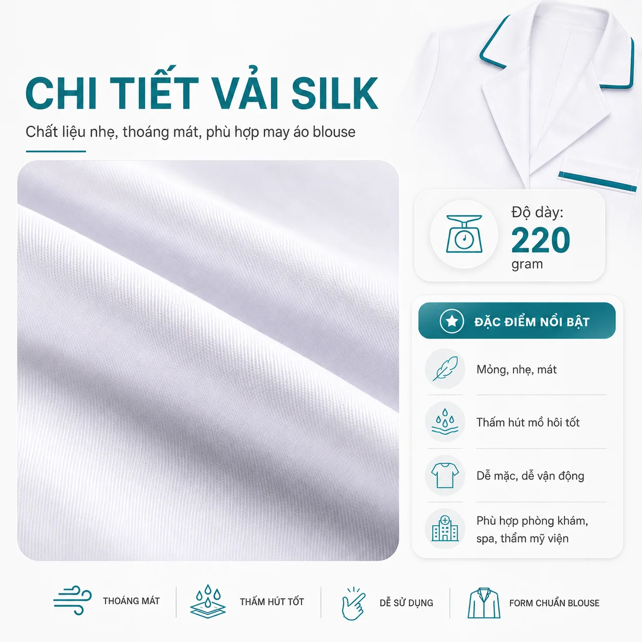 Chất liệu vải may áo blouse bác sĩ Silk nhẹ mát thoáng