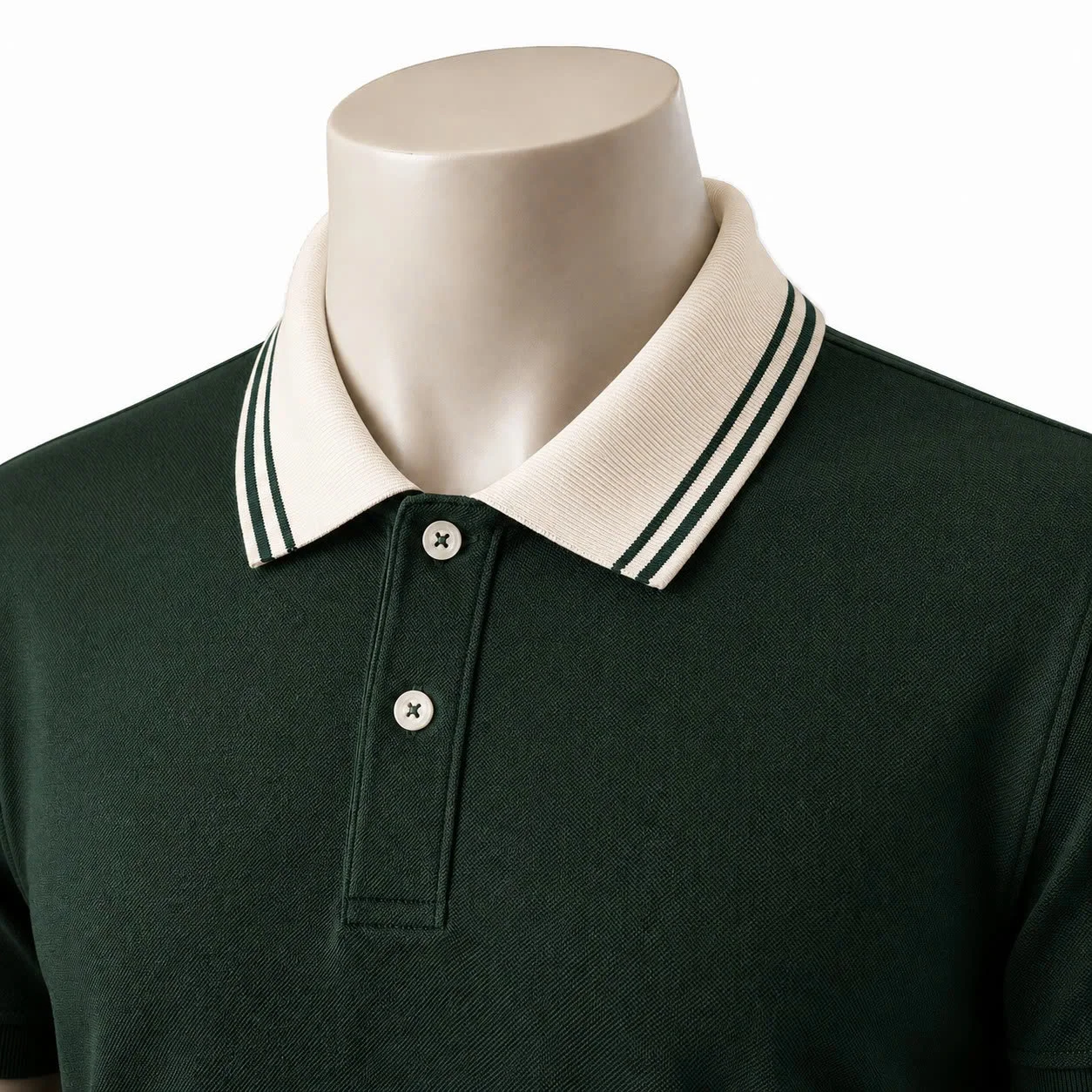 Áo polo đồng phục xanh rêu cổ kem phối sọc xanh
