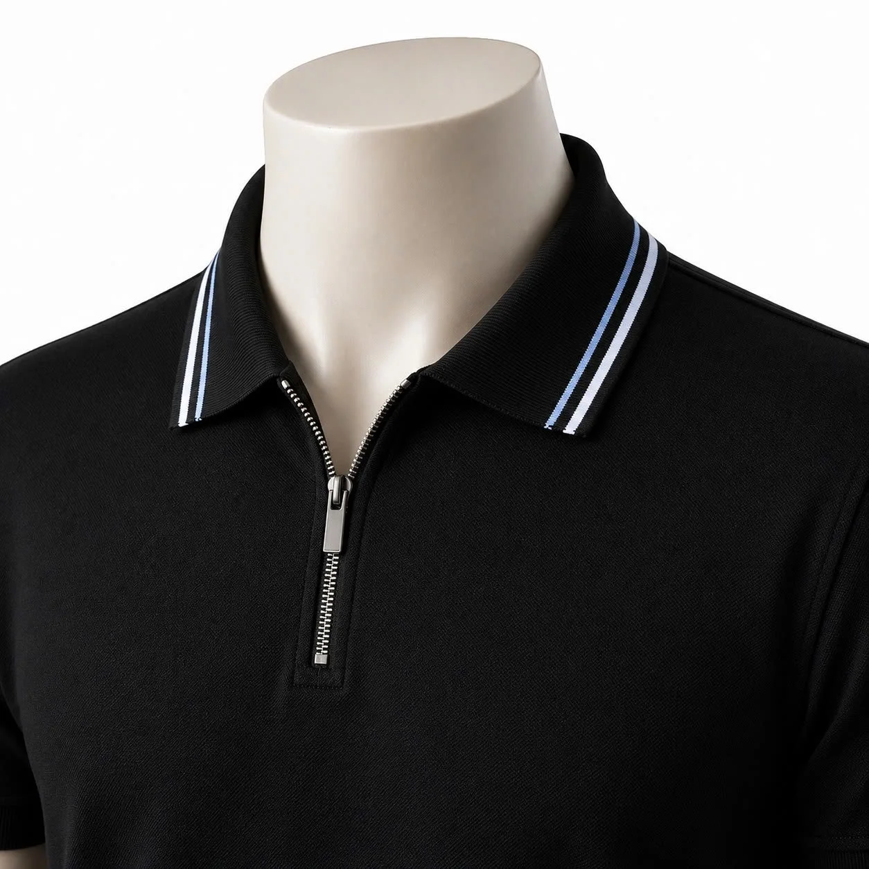 Áo polo đồng phục đen cổ zipper phối sọc xanh