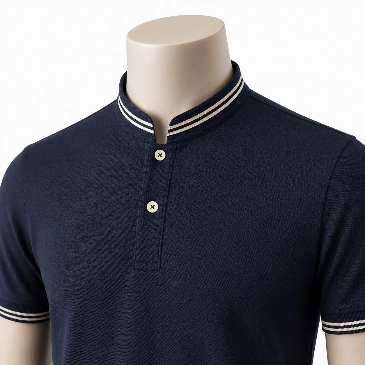 Áo polo đồng phục navy cổ trụ sọc kem