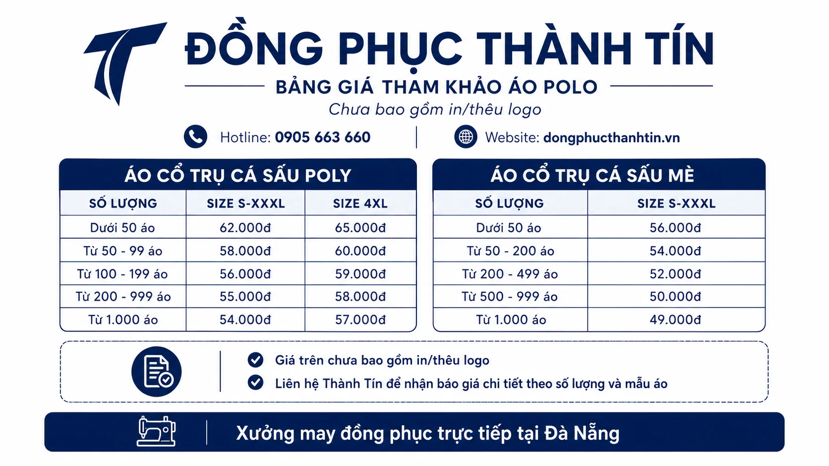 Bảng giá tham khảo áo thun đồng phục Thành Tín chưa bao gồm in thêu logo