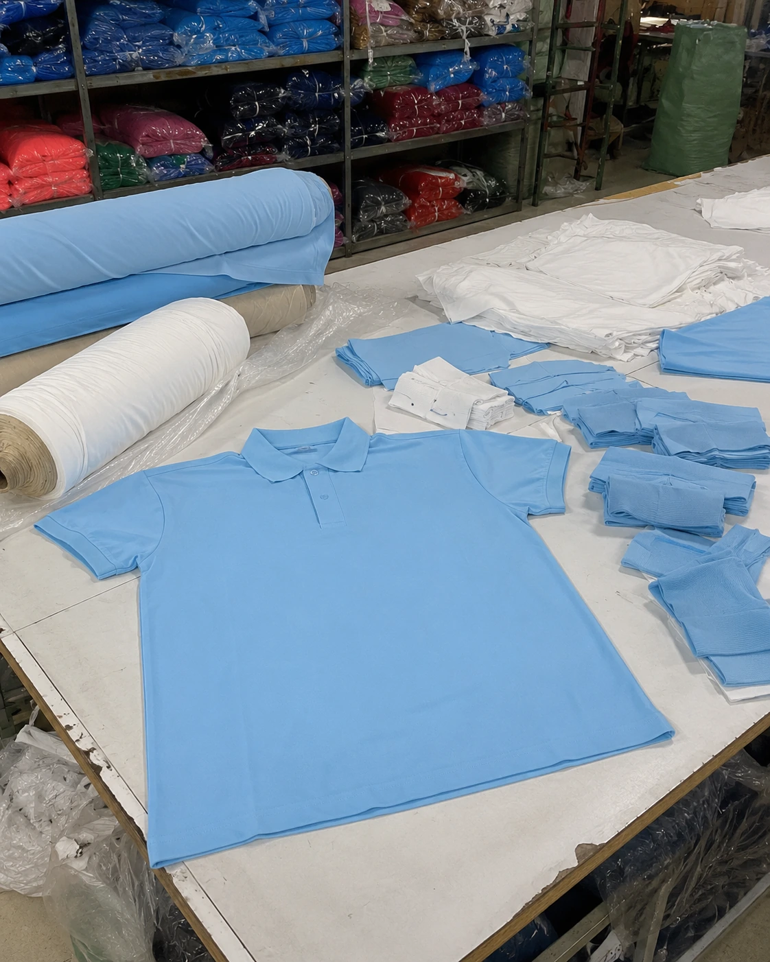 Áo polo phôi màu xanh dương đang được cắt may và chuẩn bị sản xuất tại xưởng