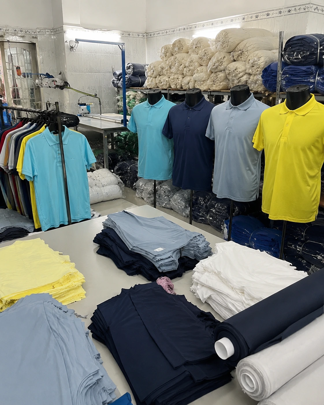 Xưởng may áo polo đồng phục thực tế với nhiều mẫu áo phôi phối màu tại Đồng Phục Thành Tín